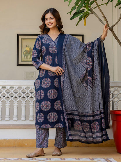 Women’s Pure Cotton 60/60 Heavy Printed Kurti Pant Dupatta Set | Hand Work & Lace Detailing | 3-Piece Showroom Collection