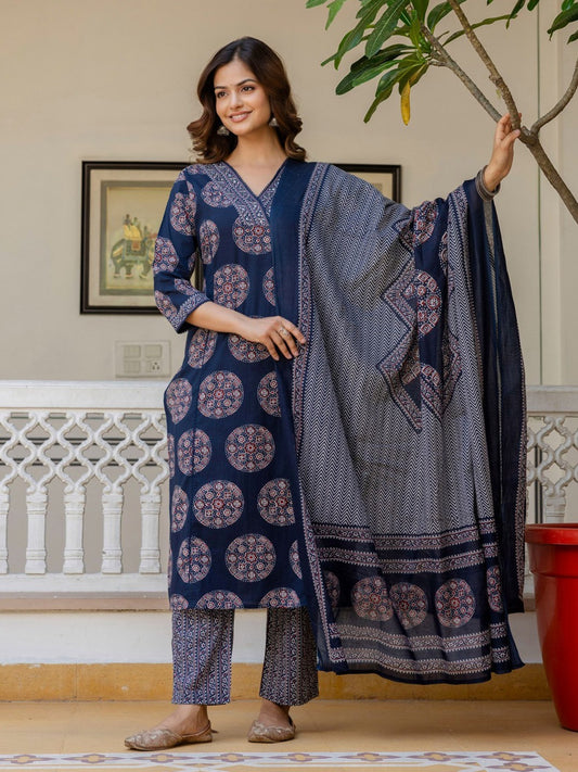 Women’s Pure Cotton 60/60 Heavy Printed Kurti Pant Dupatta Set | Hand Work & Lace Detailing | 3-Piece Showroom Collection