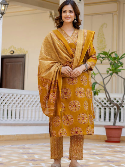 Women’s Pure Cotton 60/60 Heavy Printed Kurti Pant Dupatta Set | Hand Work & Lace Detailing | 3-Piece Showroom Collection