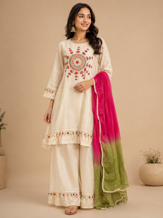 Women’s Pure Cotton Shifflly Party Wear Kurta Pant Set | Heavy Embroidery, Moti & Lace Work with Malmal Lahariya Dupatta
