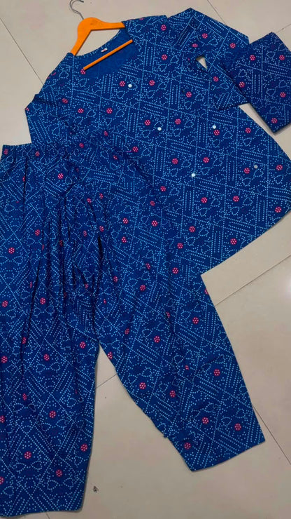 Women’s Premium Cotton Bandhani Jaipuri Print Suit Set | Mirror Detail Sweetheart Kurti with Flared Patiala Salwar & Dupatta