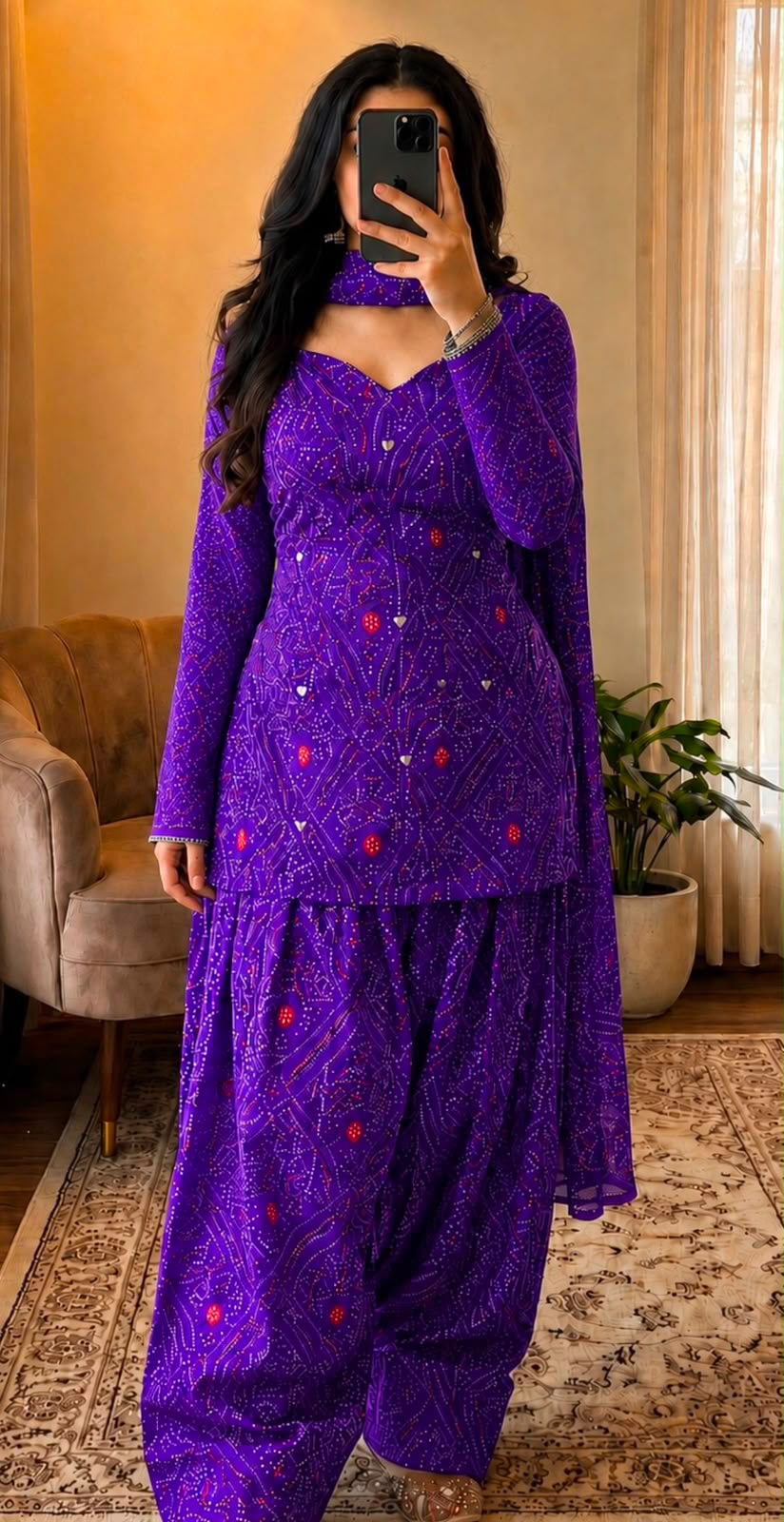Women’s Premium Cotton Bandhani Jaipuri Print Suit Set | Mirror Detail Sweetheart Kurti with Flared Patiala Salwar & Dupatta