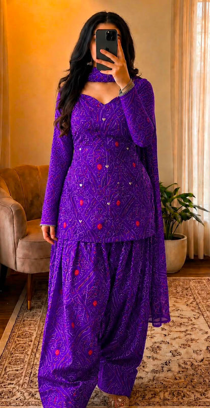 Women’s Premium Cotton Bandhani Jaipuri Print Suit Set | Mirror Detail Sweetheart Kurti with Flared Patiala Salwar & Dupatta