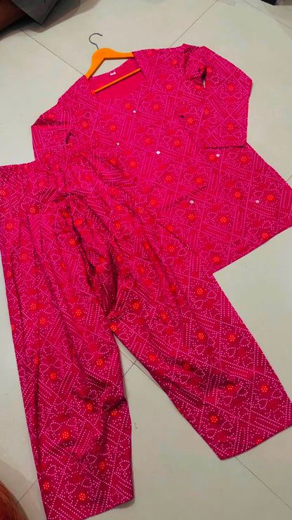 Women’s Premium Cotton Bandhani Jaipuri Print Suit Set | Mirror Detail Sweetheart Kurti with Flared Patiala Salwar & Dupatta