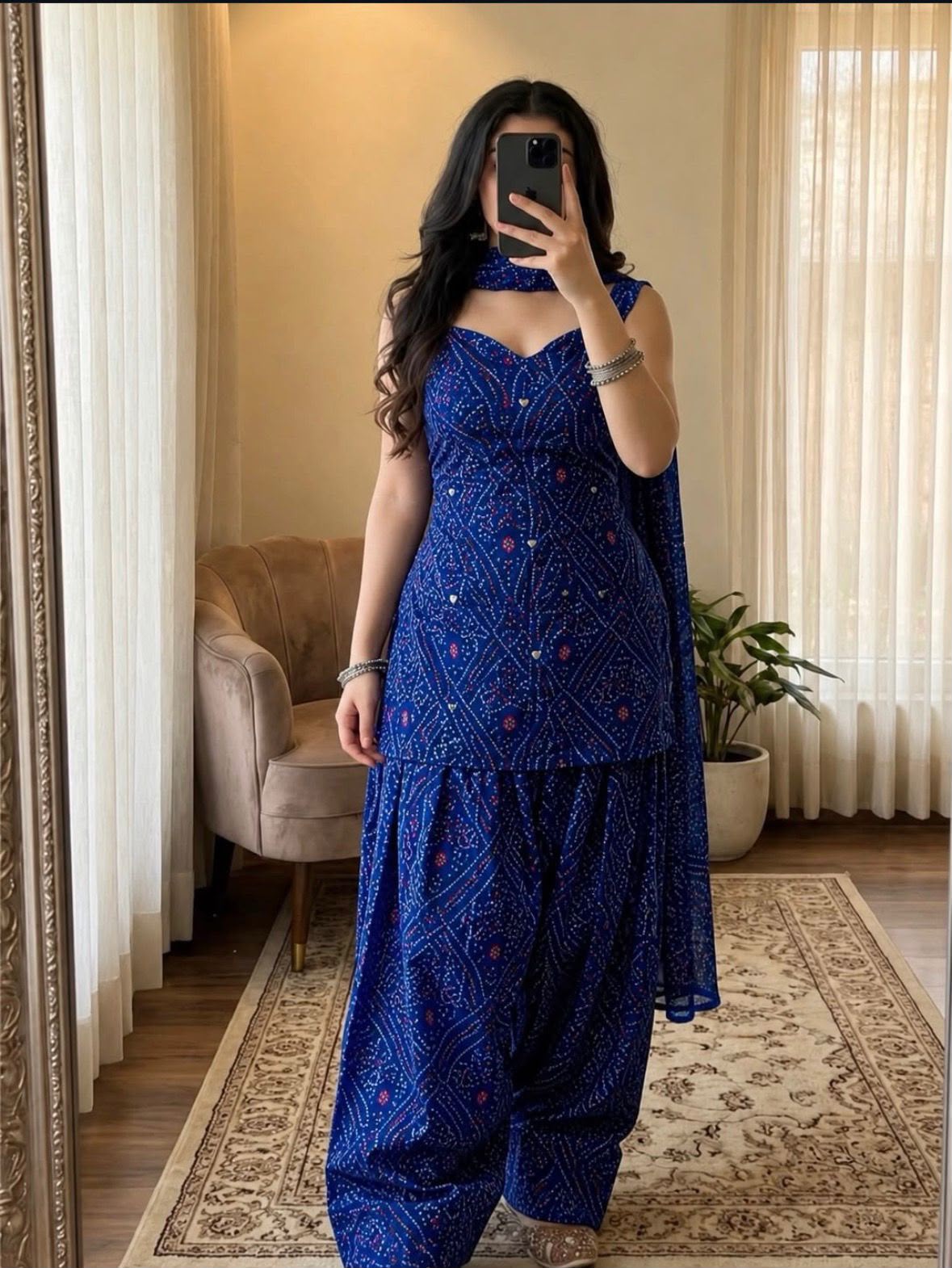 Women’s Premium Cotton Bandhani Jaipuri Print Sleeveless Suit Set | Mirror Work Sweetheart Neck Kurti with Patiala Salwar & Dupatta
