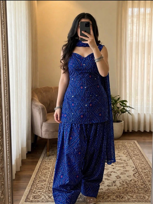 Women’s Premium Cotton Bandhani Jaipuri Print Sleeveless Suit Set | Mirror Work Sweetheart Neck Kurti with Patiala Salwar & Dupatta