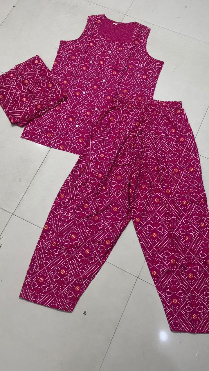 Women’s Premium Cotton Bandhani Jaipuri Print Sleeveless Suit Set | Mirror Work Sweetheart Neck Kurti with Patiala Salwar & Dupatta