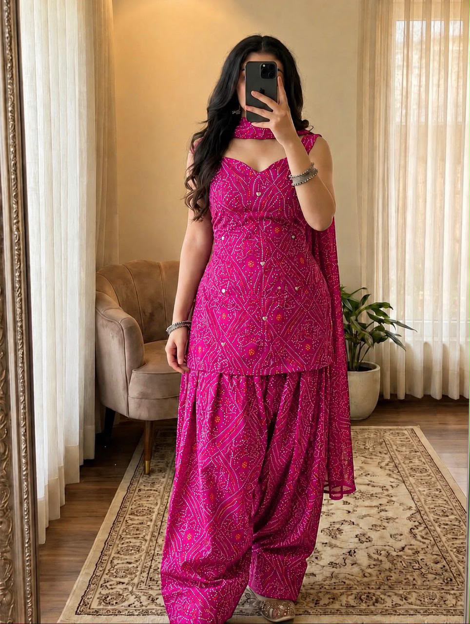 Women’s Premium Cotton Bandhani Jaipuri Print Sleeveless Suit Set | Mirror Work Sweetheart Neck Kurti with Patiala Salwar & Dupatta