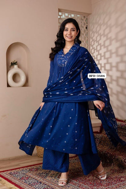 Women’s Deep Blue Printed Kurti Pant Dupatta Set | Geometric Print with Sequin Yoke Detailing | Elegant Ethnic 3-Piece Set