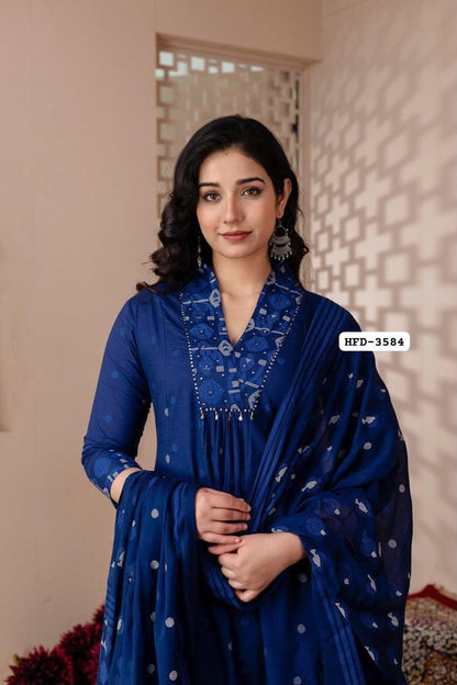Women’s Deep Blue Printed Kurti Pant Dupatta Set | Geometric Print with Sequin Yoke Detailing | Elegant Ethnic 3-Piece Set