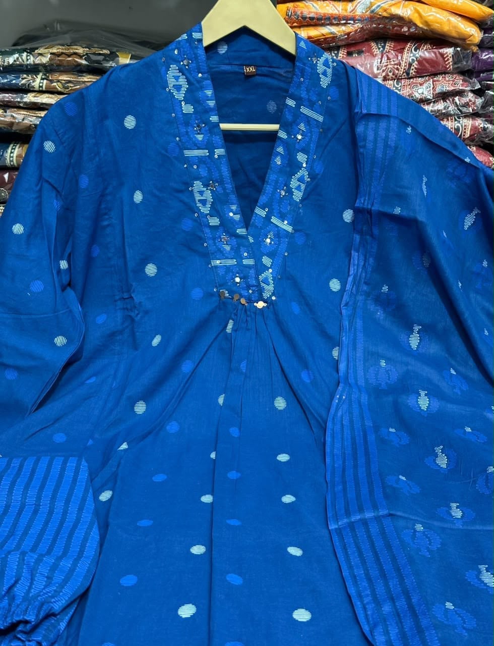 Women’s Deep Blue Printed Kurti Pant Dupatta Set | Geometric Print with Sequin Yoke Detailing | Elegant Ethnic 3-Piece Set