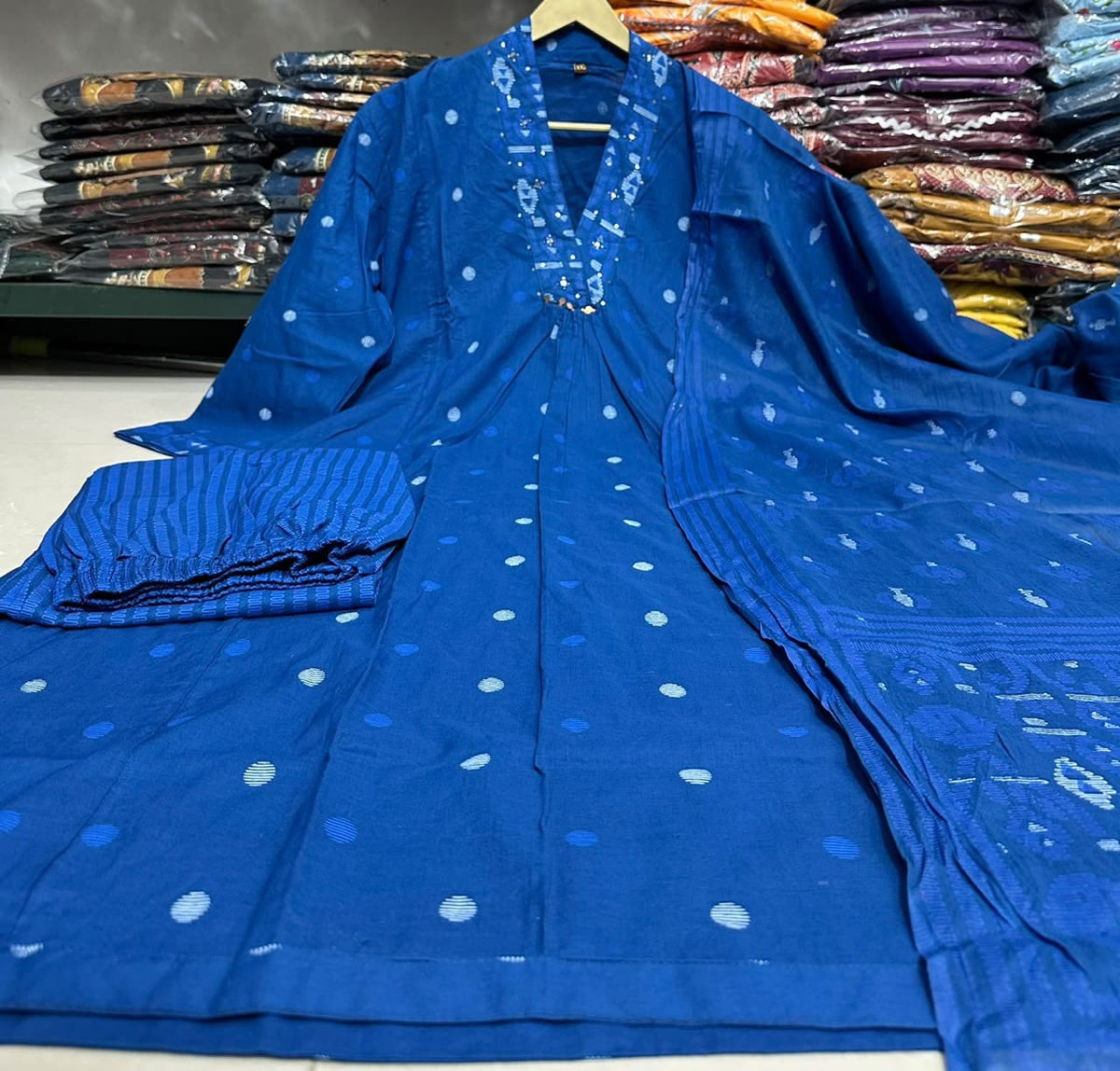 Women’s Deep Blue Printed Kurti Pant Dupatta Set | Geometric Print with Sequin Yoke Detailing | Elegant Ethnic 3-Piece Set