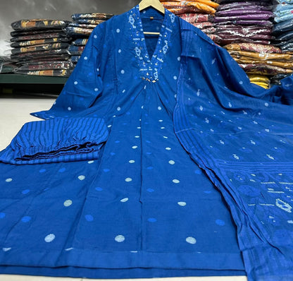 Women’s Deep Blue Printed Kurti Pant Dupatta Set | Geometric Print with Sequin Yoke Detailing | Elegant Ethnic 3-Piece Set