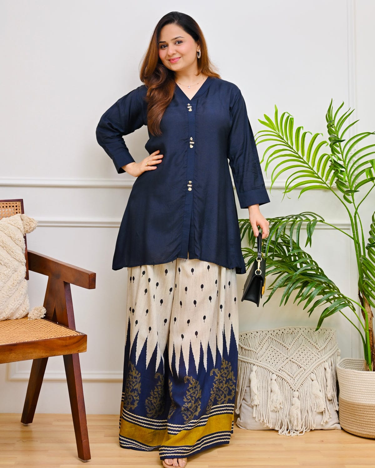 Women’s Pure Cotton Indo-Western Palazzo Co-ord Set | Handcrafted Beadwork Neckline with Designer Ikat-Inspired Print