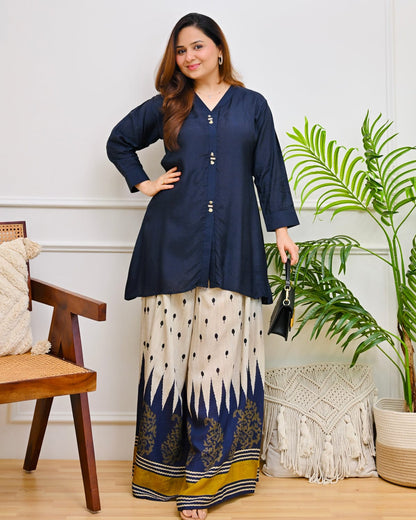 Women’s Pure Cotton Indo-Western Palazzo Co-ord Set | Handcrafted Beadwork Neckline with Designer Ikat-Inspired Print