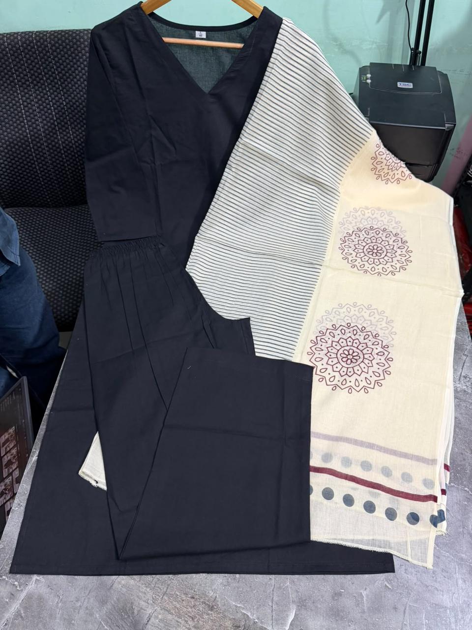 Women’s Classic Black Premium Cotton 60/60 Kurti Pant Dupatta Set | Handblock Printed Dupatta with 3/4 Sleeves | 3-Piece Set