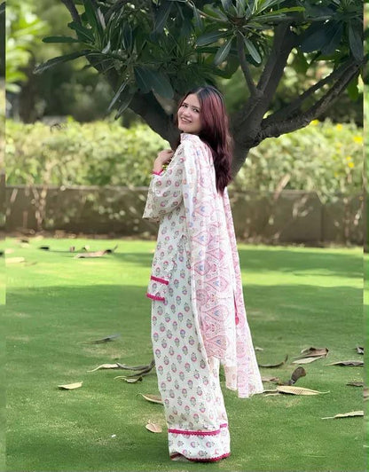 Women’s Premium Cotton Farsi Suit Set | Long Kurti with Pocket, Farsi Pant & Dupatta | 3-Piece Ethnic Set