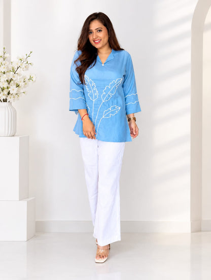Women’s Premium Cotton Slub Floral Embroidered Co-ord Set | Straight Kurti & Pant | Elegant Daily & Office Wear