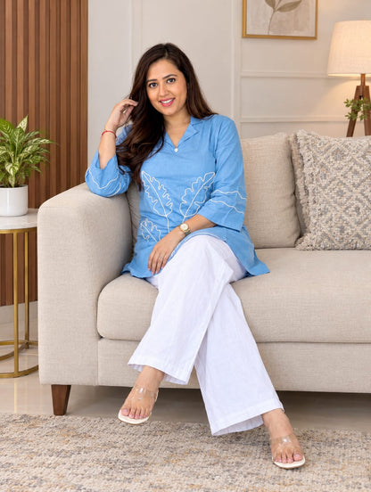 Women’s Premium Cotton Slub Floral Embroidered Co-ord Set | Straight Kurti & Pant | Elegant Daily & Office Wear