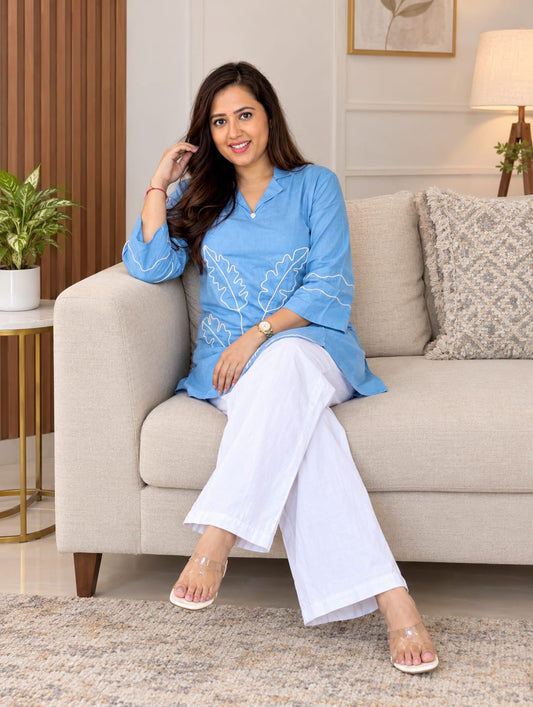 Women’s Premium Cotton Slub Floral Embroidered Co-ord Set | Straight Kurti & Pant | Elegant Daily & Office Wear