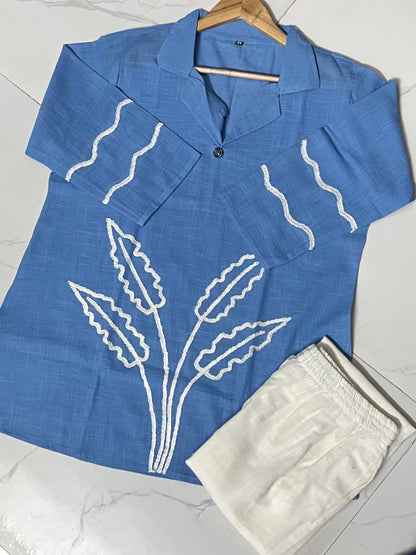 Women’s Premium Cotton Slub Floral Embroidered Co-ord Set | Straight Kurti & Pant | Elegant Daily & Office Wear