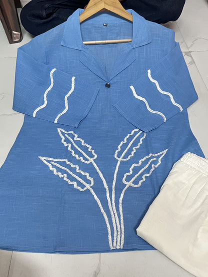 Women’s Premium Cotton Slub Floral Embroidered Co-ord Set | Straight Kurti & Pant | Elegant Daily & Office Wear