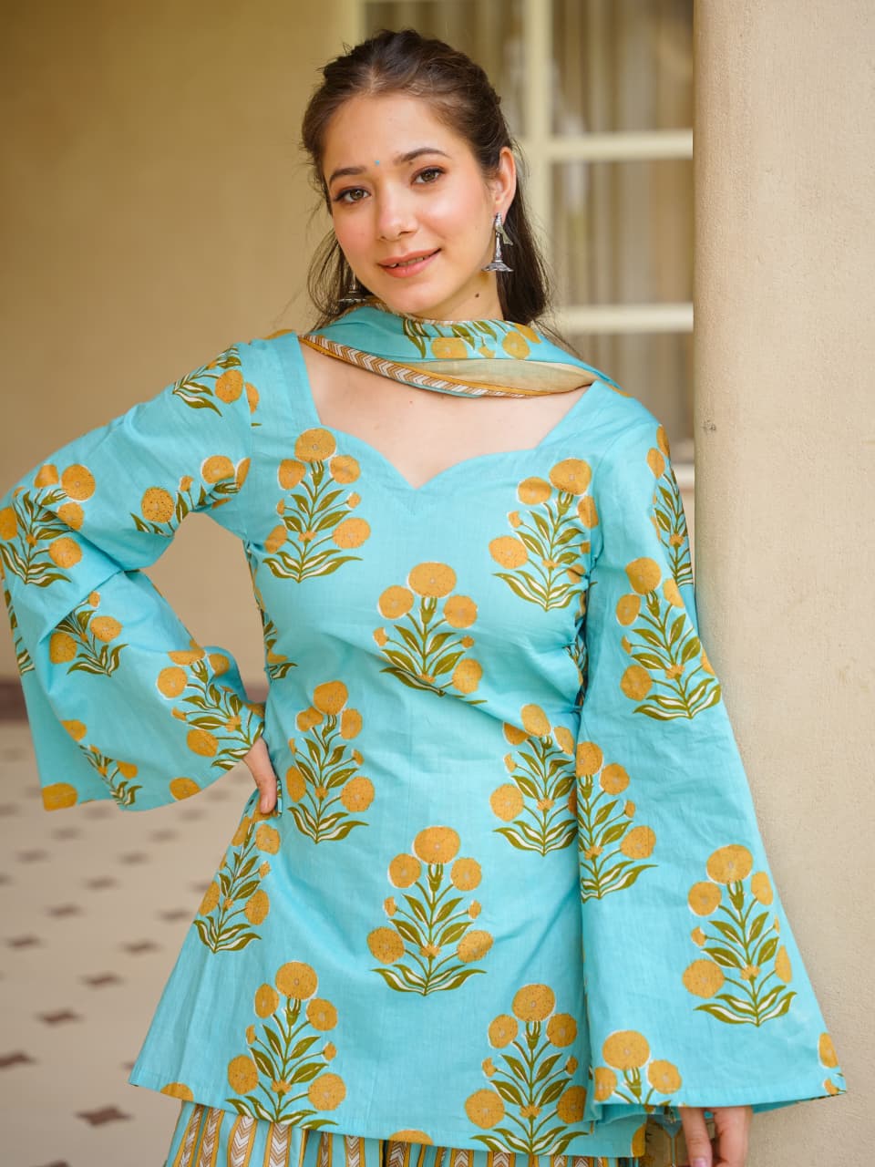 Women’s Premium Cotton 60/60 Corset-Style Kurta with Printed Farshi Salwar & Dupatta | Heart Tassel 3-Piece Set