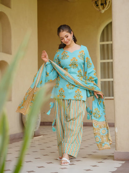 Women’s Premium Cotton 60/60 Corset-Style Kurta with Printed Farshi Salwar & Dupatta | Heart Tassel 3-Piece Set