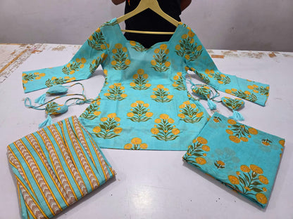 Women’s Premium Cotton 60/60 Corset-Style Kurta with Printed Farshi Salwar & Dupatta | Heart Tassel 3-Piece Set