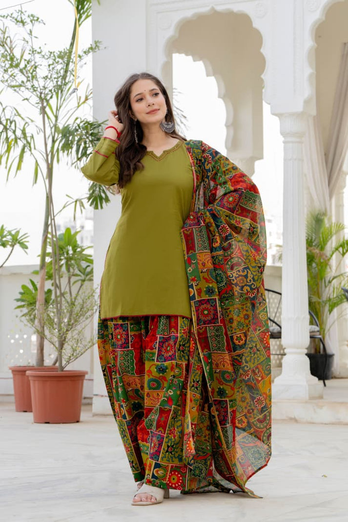 Women’s Olive Multicolor Cotton Farshi Suit Set | Full-Sleeve Straight Kurta with Patchwork Farsi Salwar & Dupatta
