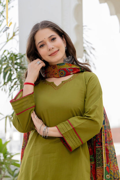 Women’s Olive Multicolor Cotton Farshi Suit Set | Full-Sleeve Straight Kurta with Patchwork Farsi Salwar & Dupatta