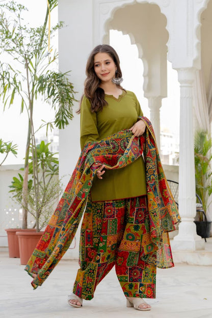 Women’s Olive Multicolor Cotton Farshi Suit Set | Full-Sleeve Straight Kurta with Patchwork Farsi Salwar & Dupatta