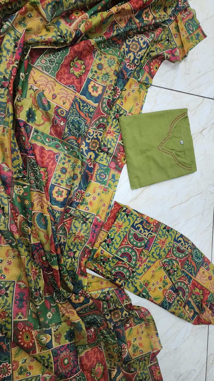 Women’s Olive Multicolor Cotton Farshi Suit Set | Full-Sleeve Straight Kurta with Patchwork Farsi Salwar & Dupatta