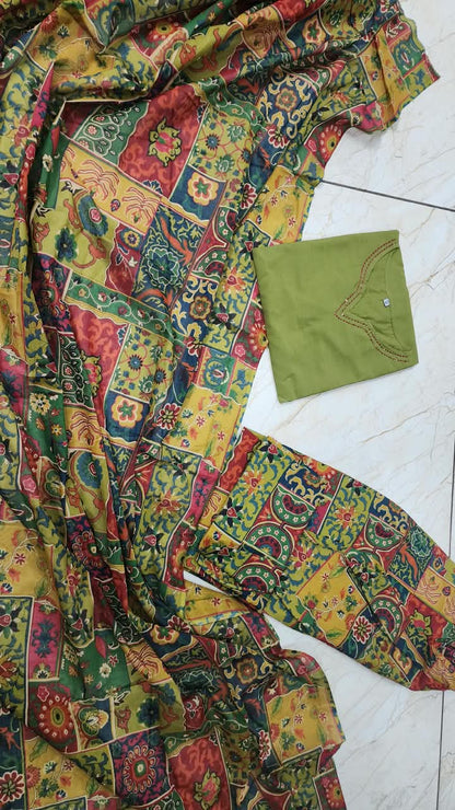 Women’s Olive Multicolor Cotton Farshi Suit Set | Full-Sleeve Straight Kurta with Patchwork Farsi Salwar & Dupatta