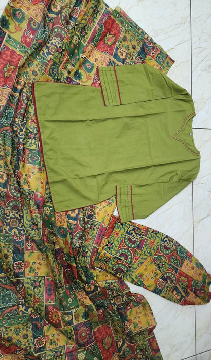 Women’s Olive Multicolor Cotton Farshi Suit Set | Full-Sleeve Straight Kurta with Patchwork Farsi Salwar & Dupatta
