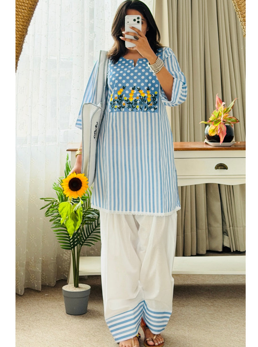 Women’s Premium Cotton 60/60 Embroidered Kurta Farshi Pant Set | Fancy Lace Sleeves | Festive Special 2-Piece Set