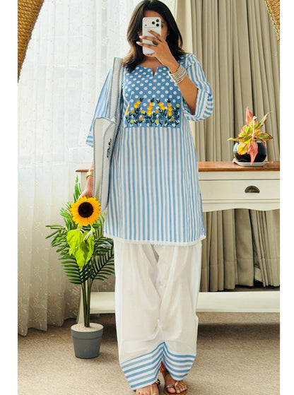 Women’s Premium Cotton 60/60 Embroidered Kurta Farshi Pant Set | Fancy Lace Sleeves | Festive Special 2-Piece Set