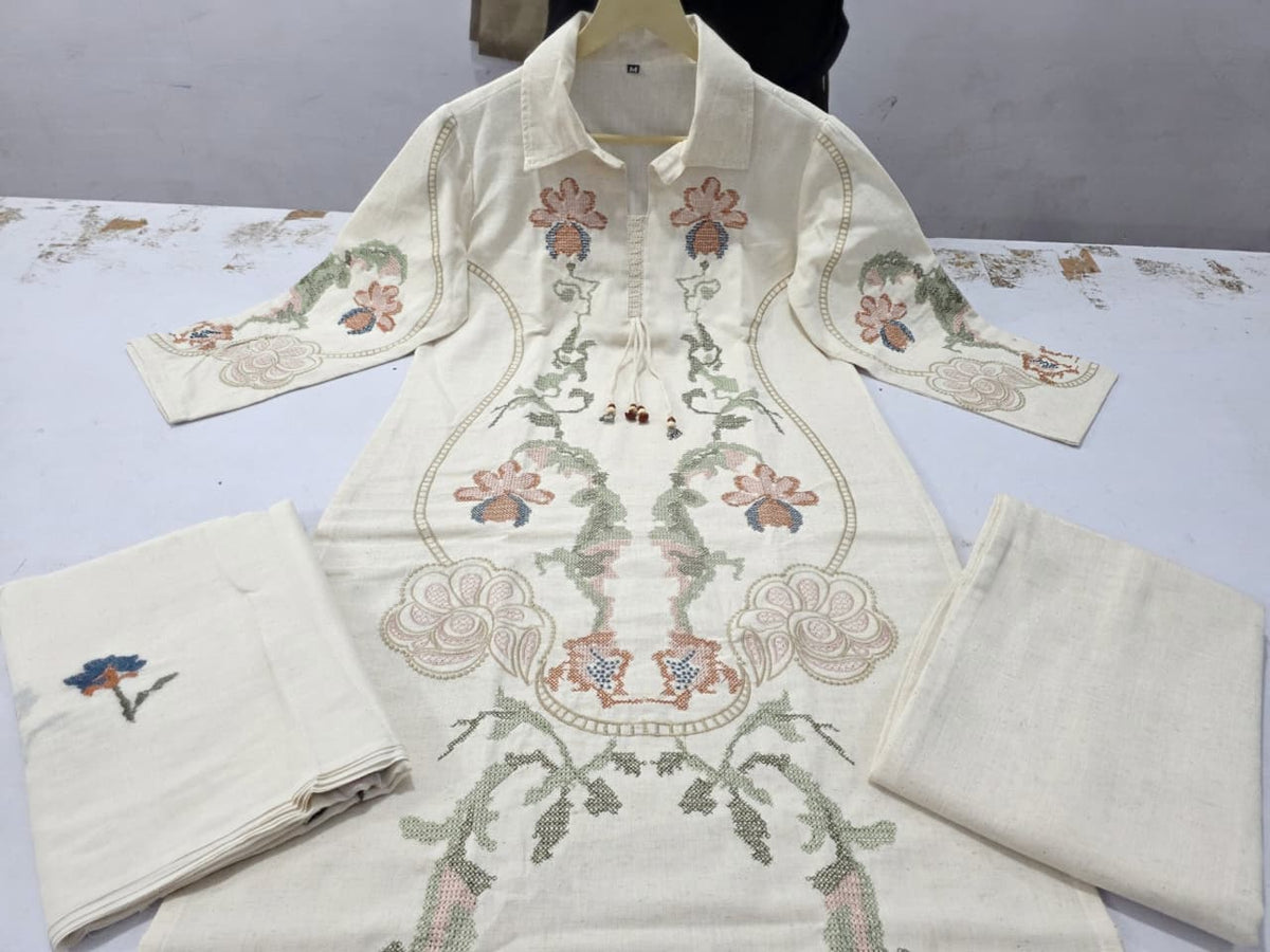 Women’s Premium Cotton Flex Embroidered Kurti Palazzo Dupatta Set | Handwork Detailing | Summer 3-Piece Set