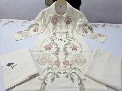 Women’s Premium Cotton Flex Embroidered Kurti Palazzo Dupatta Set | Handwork Detailing | Summer 3-Piece Set