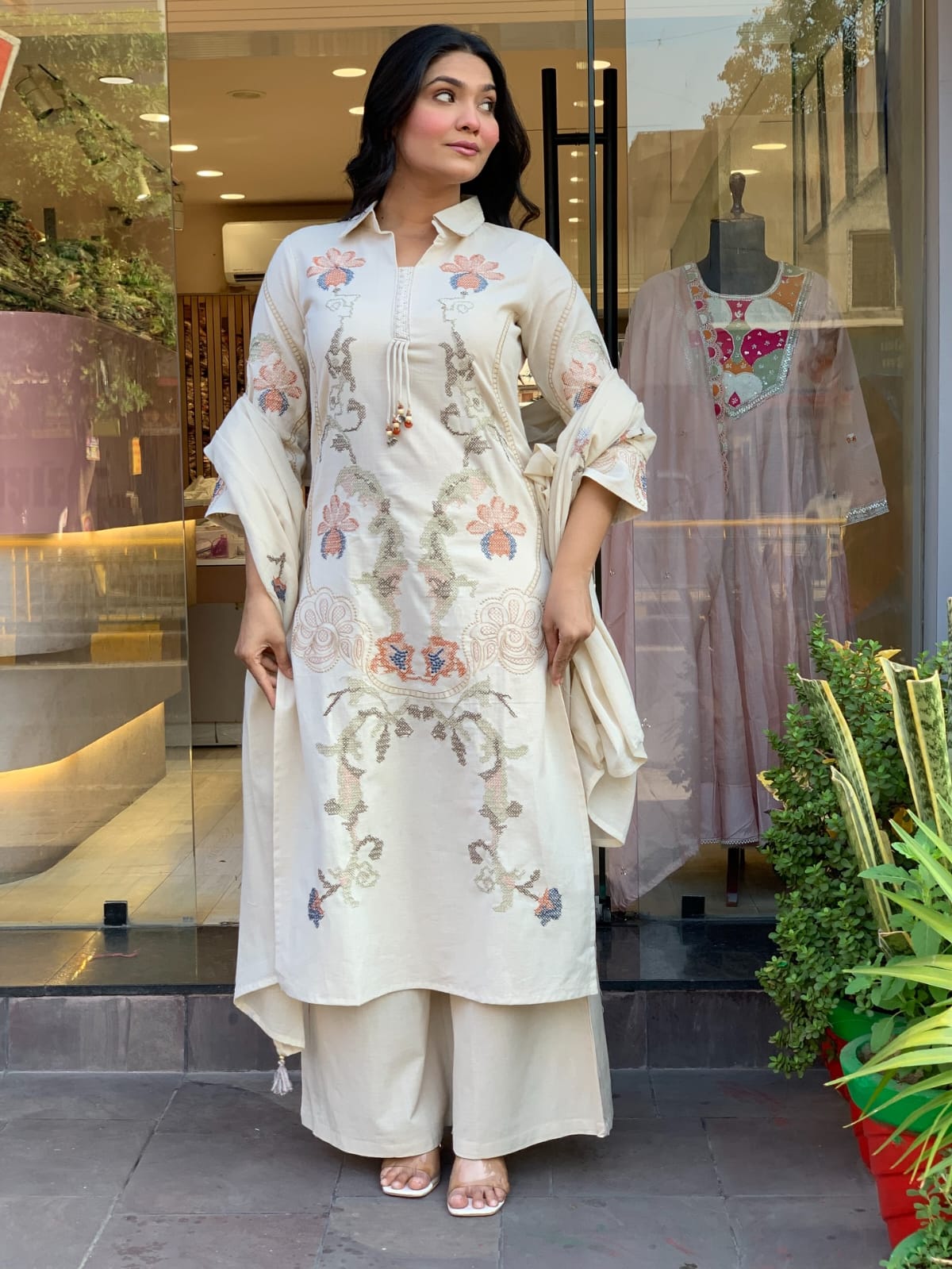 Women’s Premium Cotton Flex Embroidered Kurti Palazzo Dupatta Set | Handwork Detailing | Summer 3-Piece Set