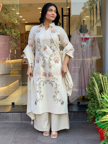 Women’s Premium Cotton Flex Embroidered Kurti Palazzo Dupatta Set | Handwork Detailing | Summer 3-Piece Set