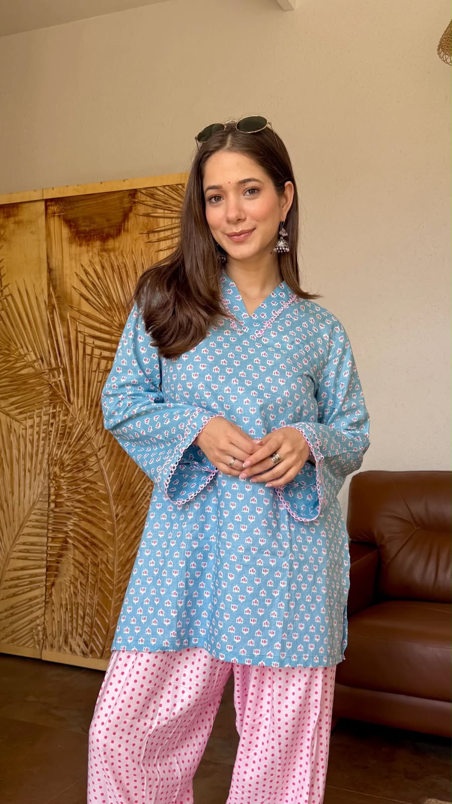 Women’s Premium Cotton Turquoise Blue & Pink Farshi Salwar Set | Printed Kurta with Contrast Lace Detailing