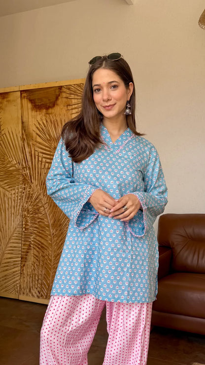 Women’s Premium Cotton Turquoise Blue & Pink Farshi Salwar Set | Printed Kurta with Contrast Lace Detailing