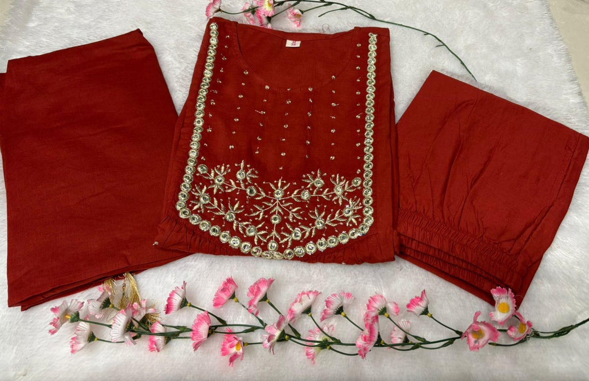 Women’s Premium Cotton 60/60 Embroidered Kurti Pant Set | Elegant Office & Daily Wear 2-Piece Set