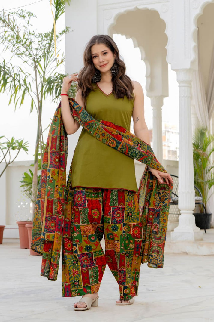 Women’s Olive Multicolor Pure Cotton Farshi Suit | Sleeveless Kurta with Patchwork Printed Farsi Pants & Mulmul Dupatta