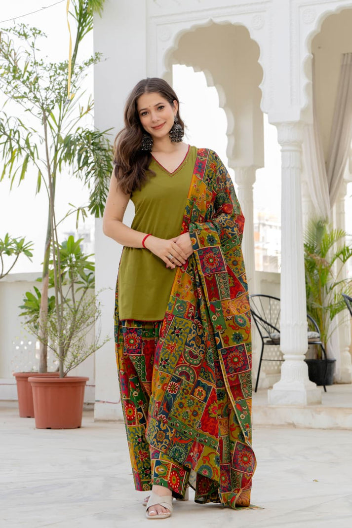 Women’s Olive Multicolor Pure Cotton Farshi Suit | Sleeveless Kurta with Patchwork Printed Farsi Pants & Mulmul Dupatta