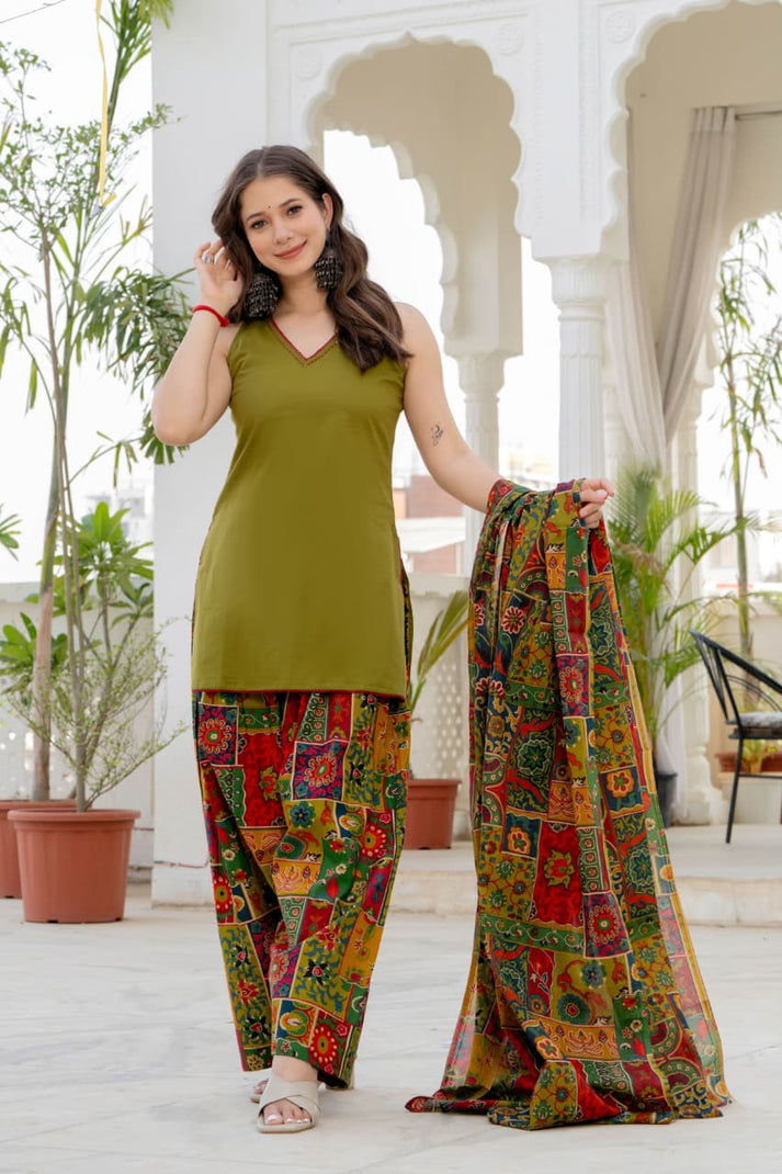 Women’s Olive Multicolor Pure Cotton Farshi Suit | Sleeveless Kurta with Patchwork Printed Farsi Pants & Mulmul Dupatta
