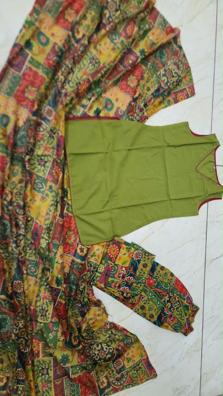 Women’s Olive Multicolor Pure Cotton Farshi Suit | Sleeveless Kurta with Patchwork Printed Farsi Pants & Mulmul Dupatta