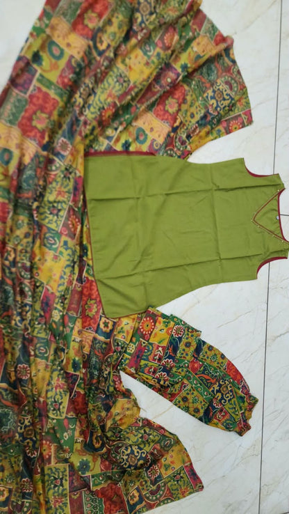 Women’s Olive Multicolor Pure Cotton Farshi Suit | Sleeveless Kurta with Patchwork Printed Farsi Pants & Mulmul Dupatta