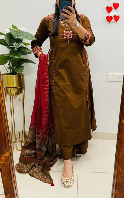 Women’s Premium Cotton 3-Piece Suit Set | Embroidered Straight Kurti with Designer Yoke, Pockets & Printed Mulmul Dupatta
